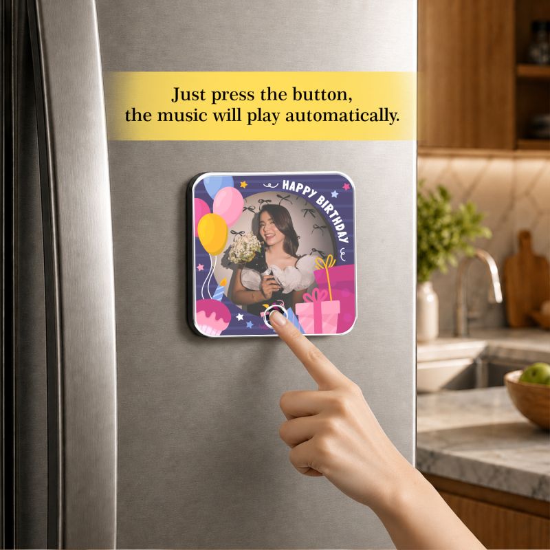 Personalized Happy Birthday Musical Fridge Photo Frame Magnet Rechargeable Wireless Music Box Birthday Gift for Girlfriend & Wife Custom with Any Song Music Playable Feature